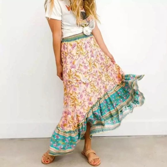 Bohemian Floral Gypsy Elastic Smocked Waist Skirt - Picture 1 of 7